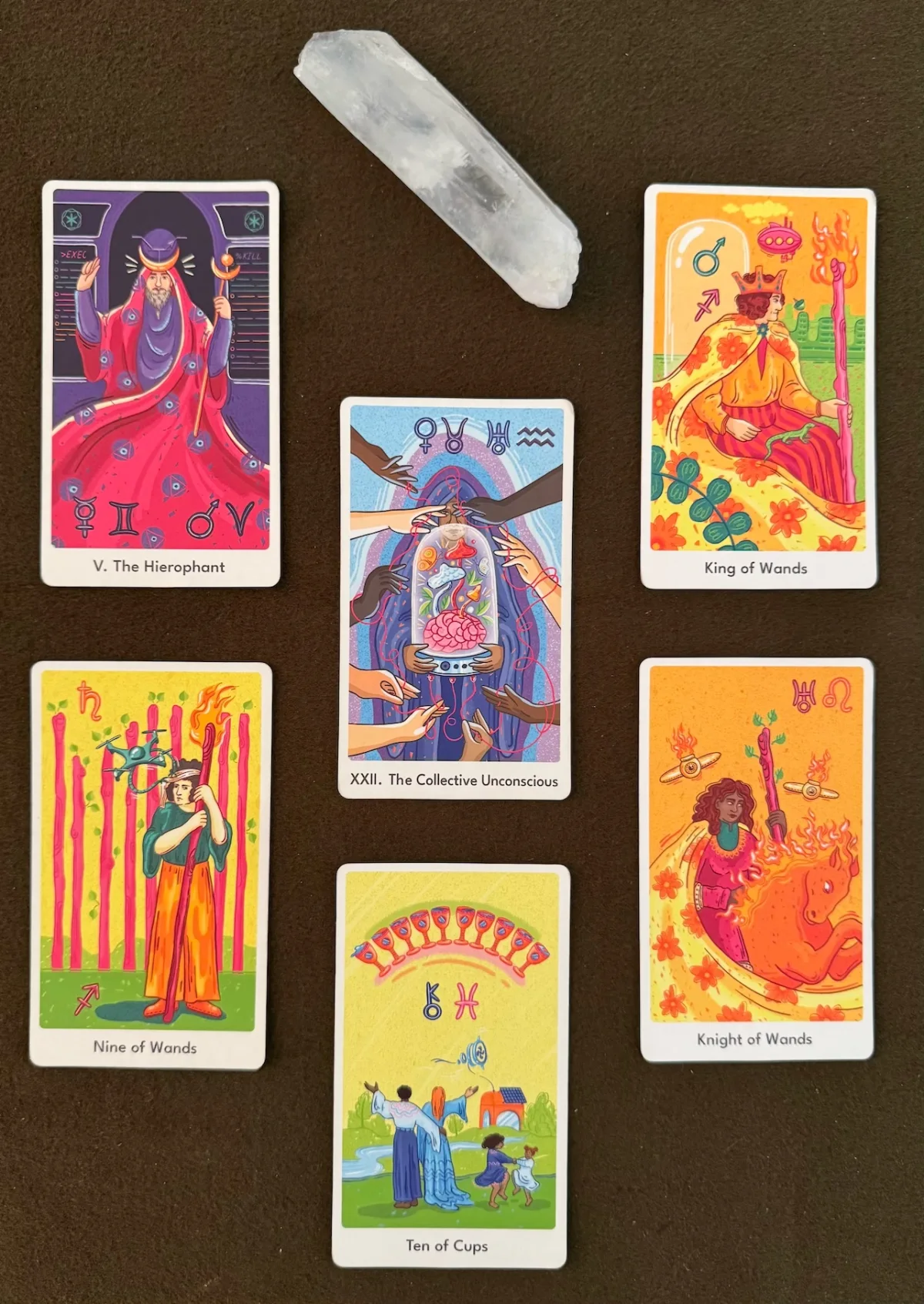 A Qybala card spread arranged with a crystal for a 60-minute reading