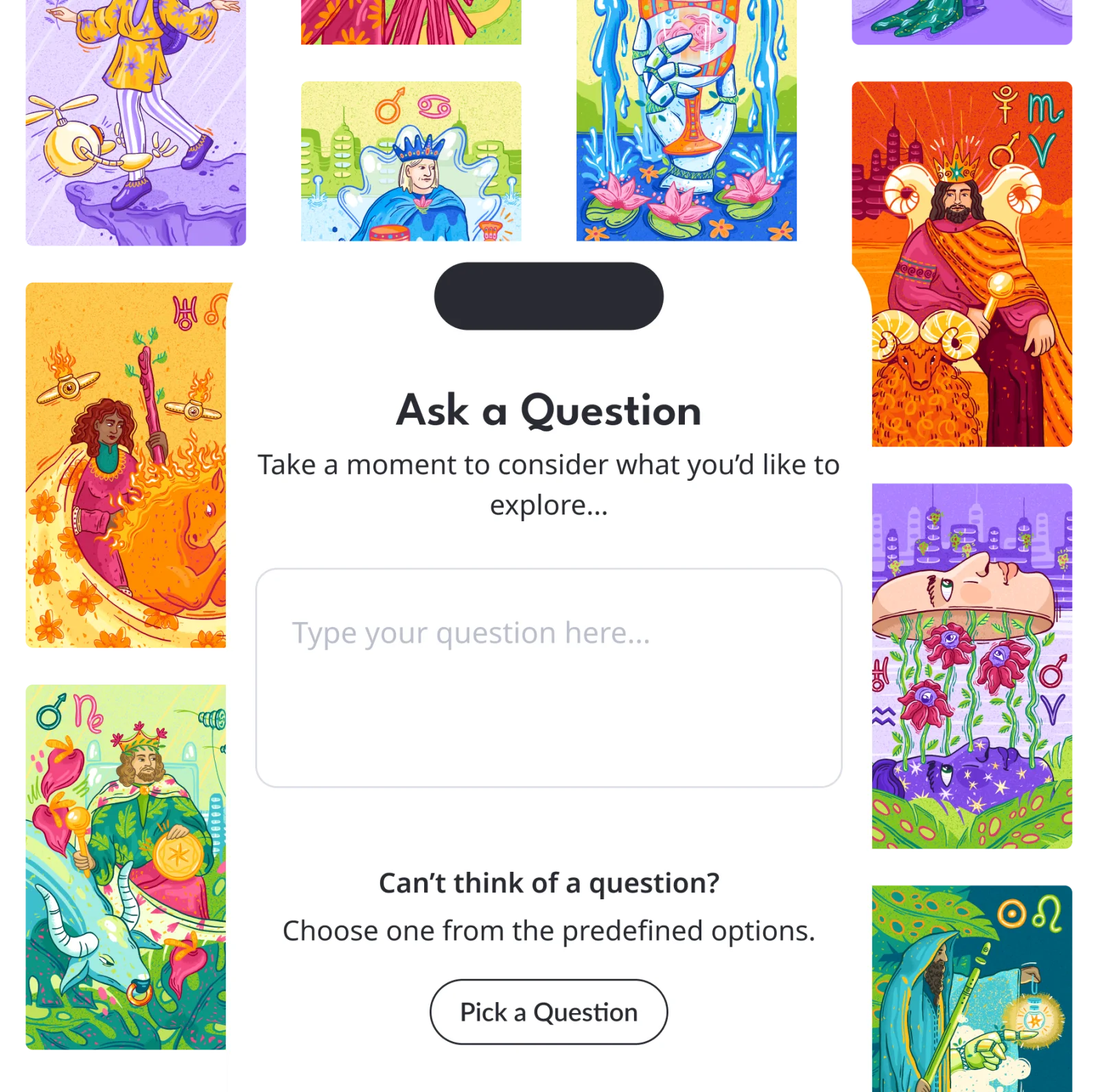 Qybala tarot artwork surrounding an app screen for exploring a question
